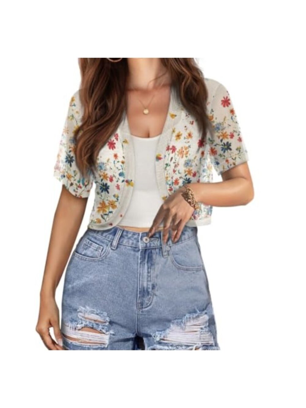 Womens Lightweight Short Sleeve Cardigan Bolero Shrug Floral Sheer Casual